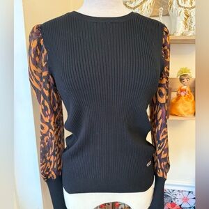 DKNY rib knit Black Sweater with Animal Print Sleeves medium stretchy